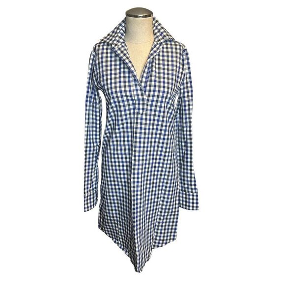 Tish Cox Shirt Dress XXS Blue White Check Gingham Long Sleeve Cottage Chic - Picture 2 of 5